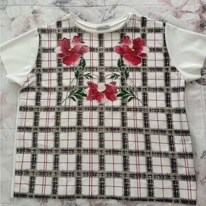 Zara White and Red Floral Plaid Blouse